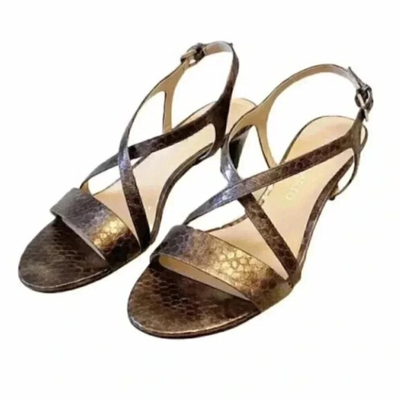 Franco Sarto Kitten Heel Strappy Sandals Metallic Bronze Snakeskin Leather 6.5 - Picture 4 of 12
